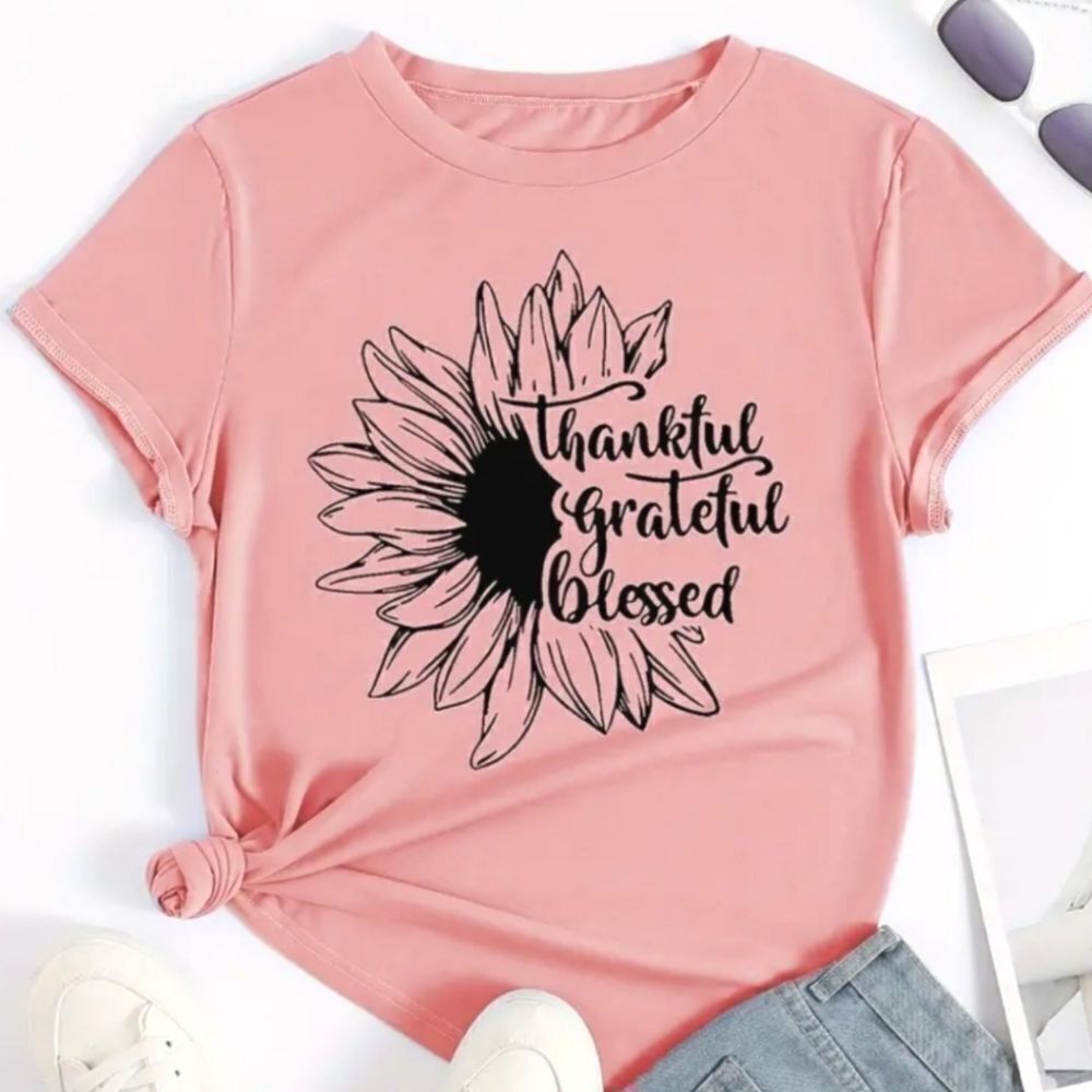 Ladies Floral & Letter Print Crew Neck T-Shirt Sz Xl